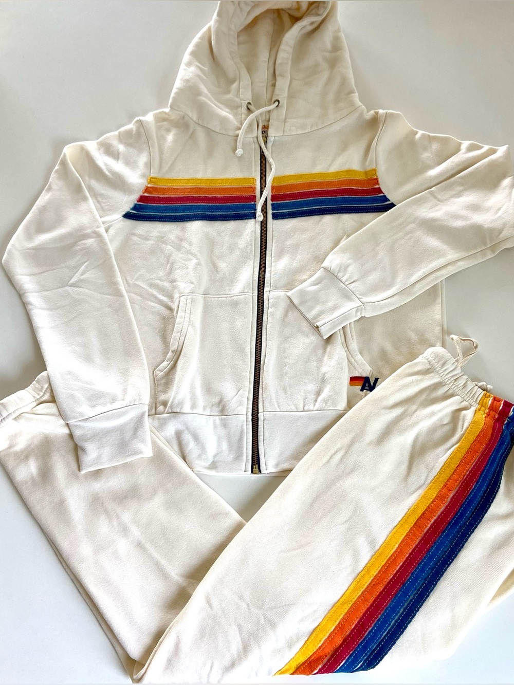 AVIATOR NATION SET 5-Stripe Hoodie + Sweatpants Cream 🌈 Size Small